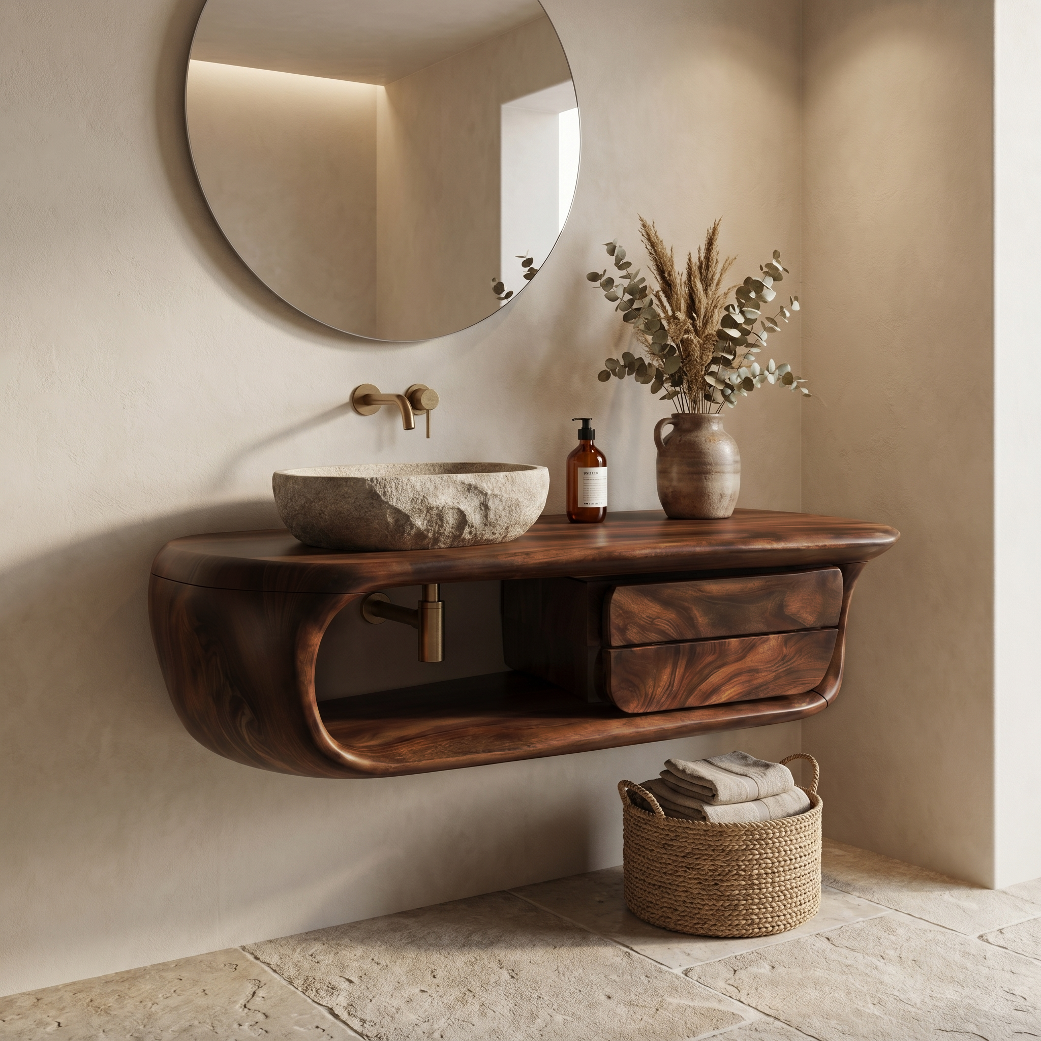 Floating Bathroom Vanity With Curved Wooden Base And Storage Drawer For Modern Bathroom SINLKIBRV304