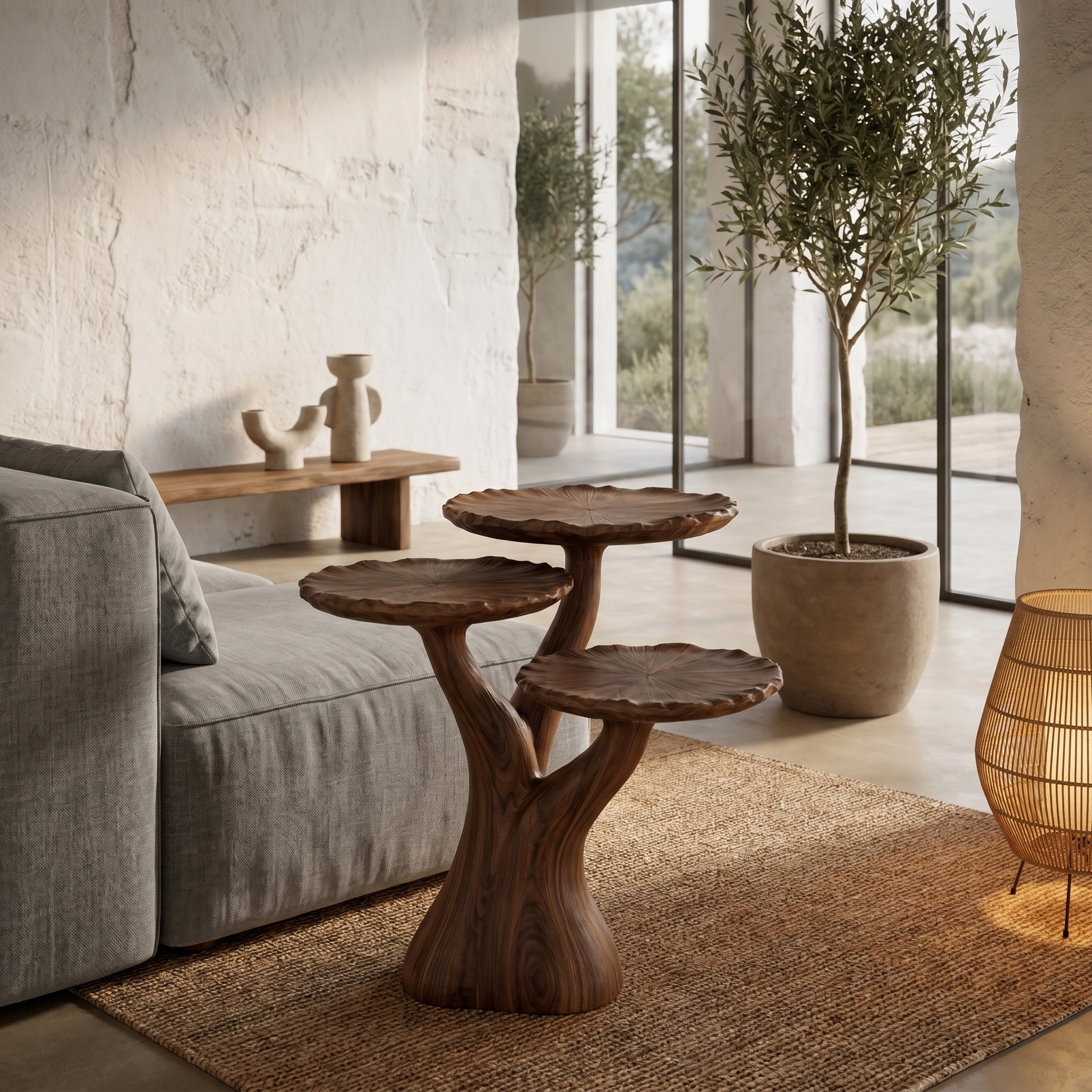 Organic Sculptural Side Table With Multi Tier Solid Wood Shelves For Living Room And Bedroom SINLHABT251