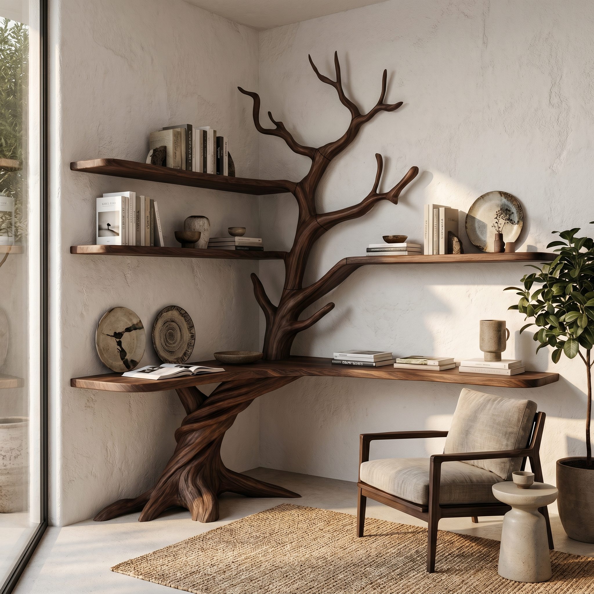 Organic Corner Desk With Sculptural Tree Branch Shelving For Home Office And Workspace SINLHADK130
