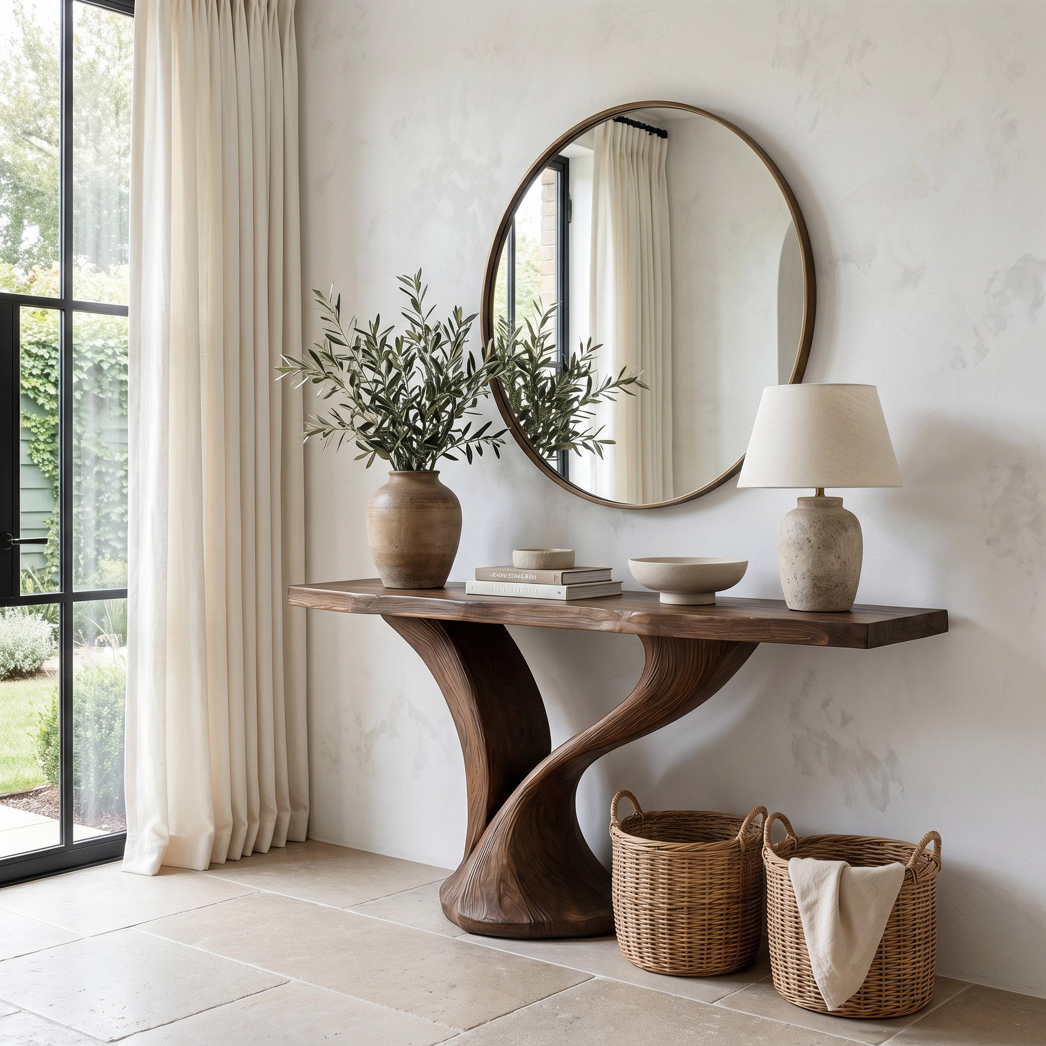 Organic Console Table With Sculptural Twin Curved Base For Entryway And Living Room SINLHACS577