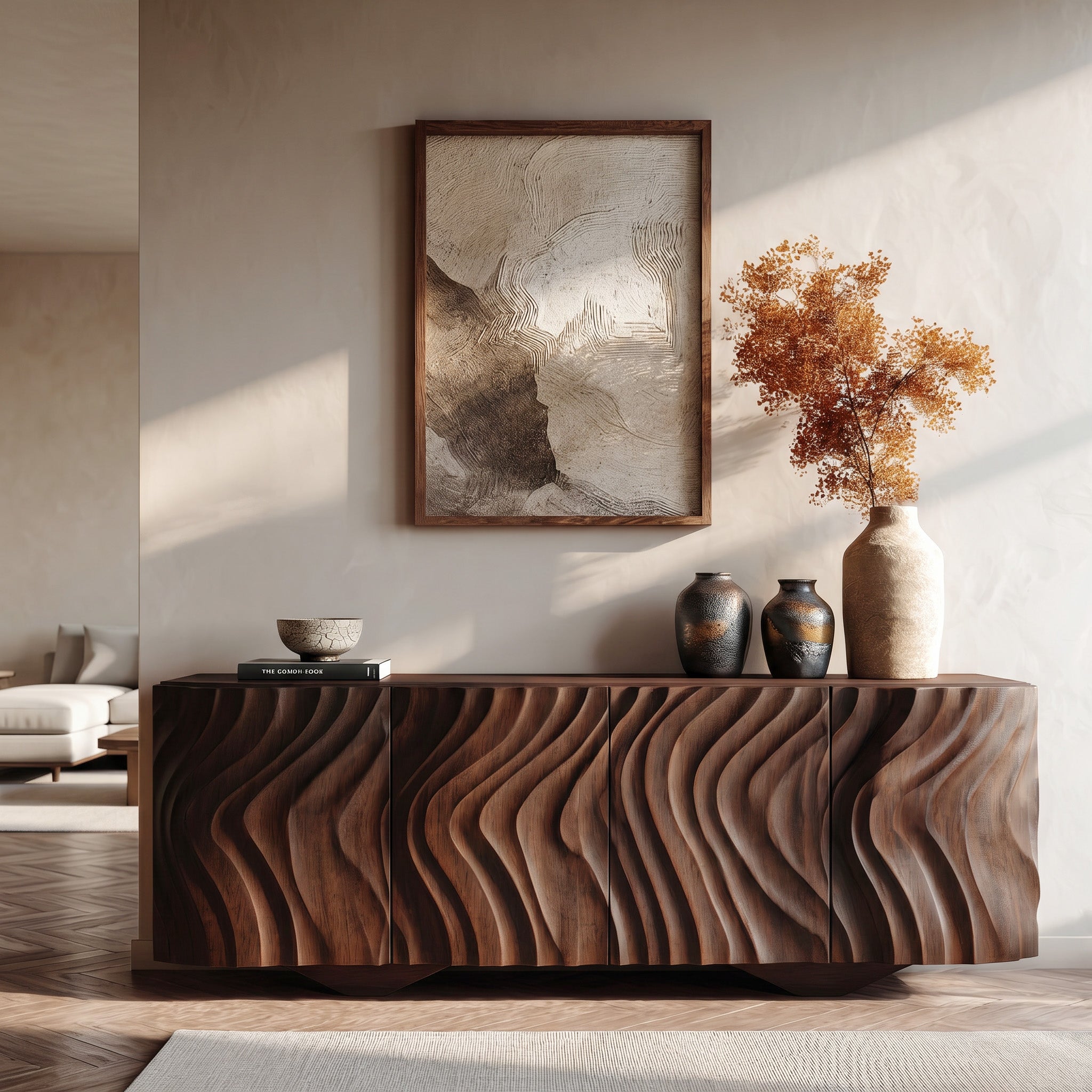 Farmhouse Wooden Sideboard With Carved Wave Doors For Living Storage RTTHHNSD041