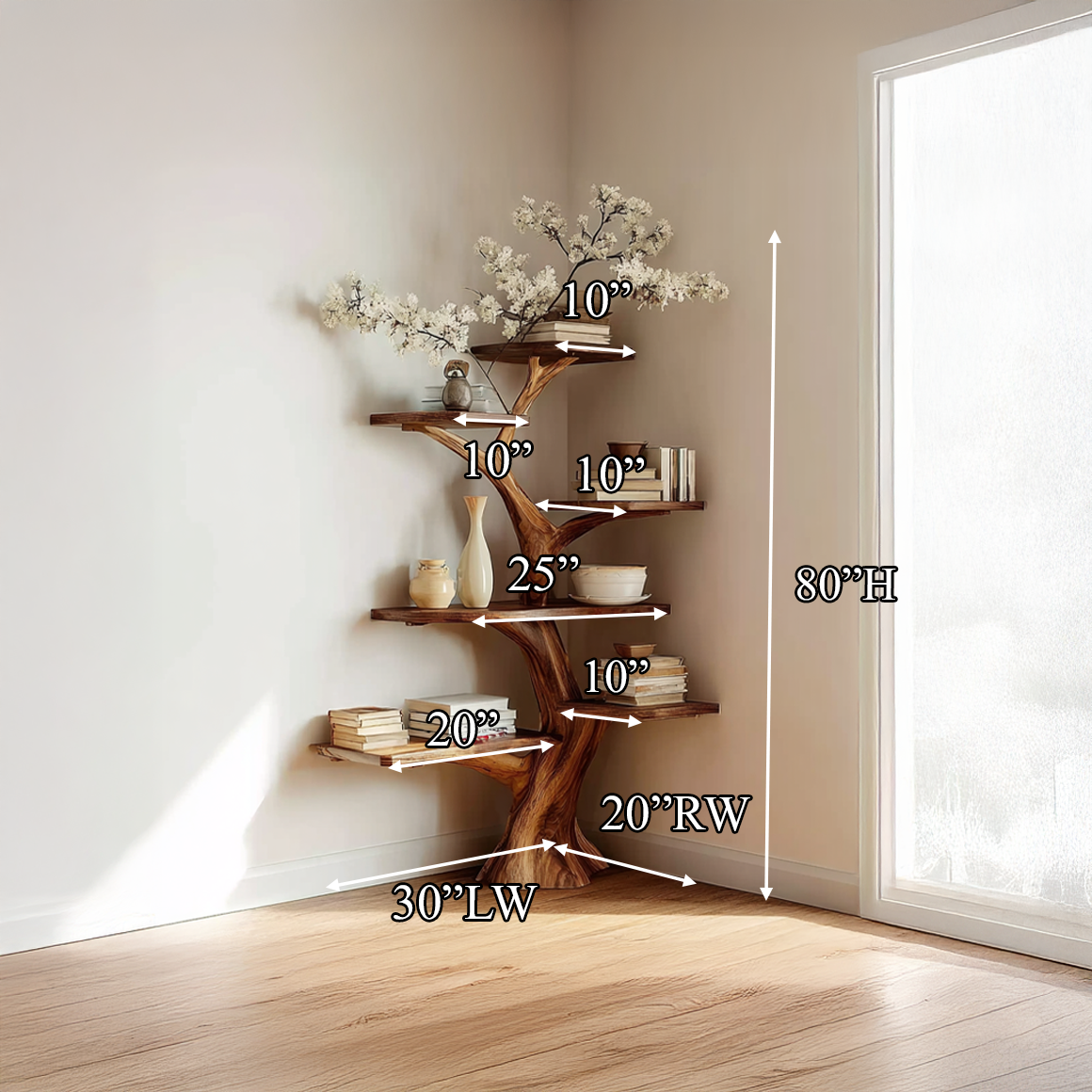 Rustic Corner Tree Bookshelf Living Room Wall SINLSATB309