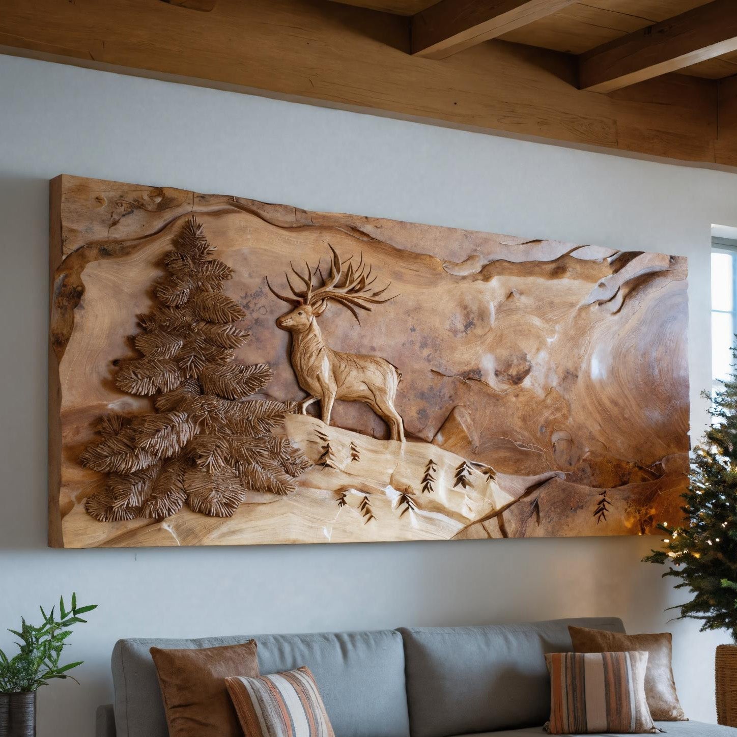 Rustic Wall Art With Carved Deer For Living Room SITHHNWA015