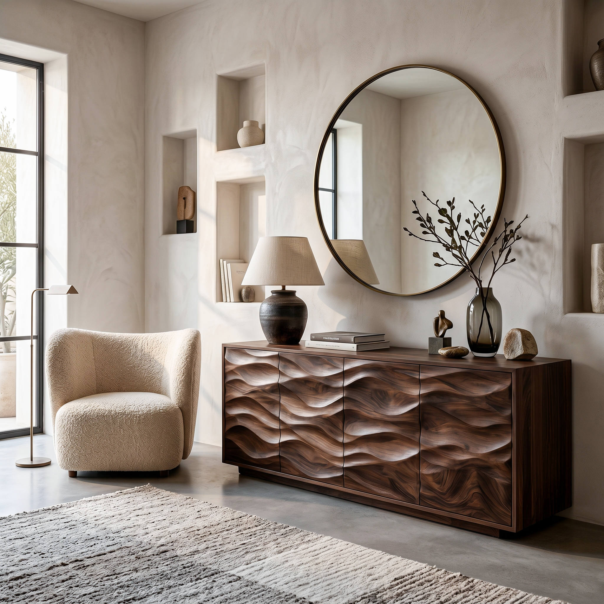 Minimalist Wooden Wave Carved Sideboard For Home RTTHTTSD051