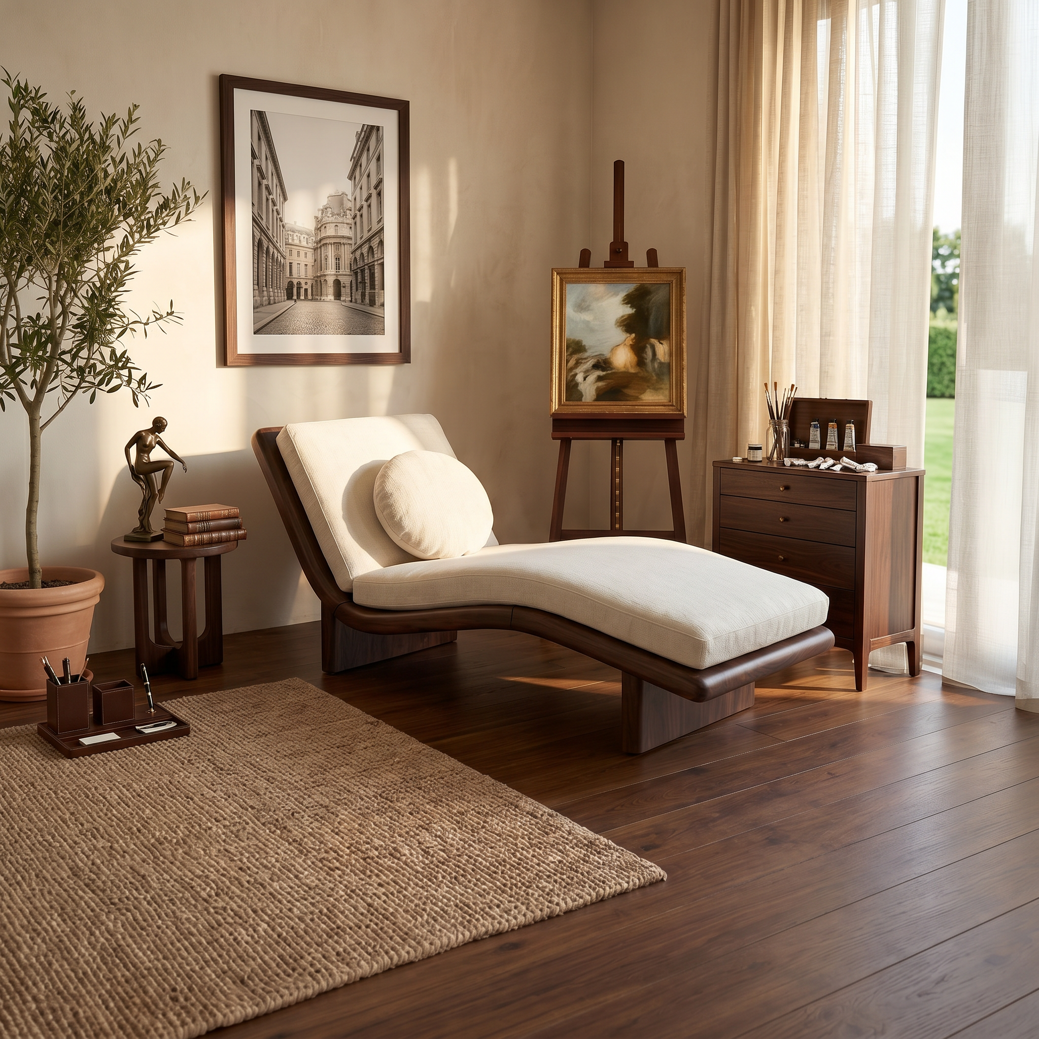 Minimalist Walnut Chaise Lounge Serene Coastal Retreat Living Space SILDTTRDB005