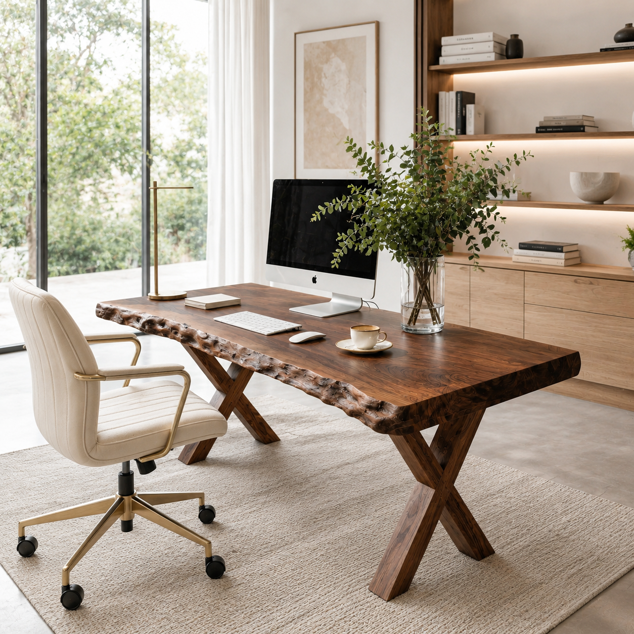Live Edge Wooden Desk With X Legs For Rustic Home Office Or Studio SITHTTDE034