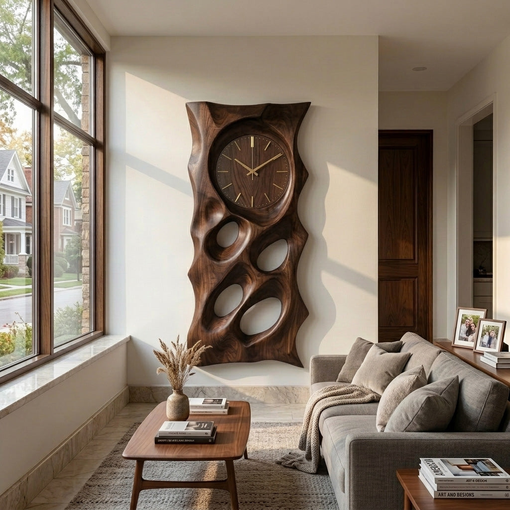 Organic Wooden Wall Clock With Hollow Form For Living Room RTTHHNWAC030