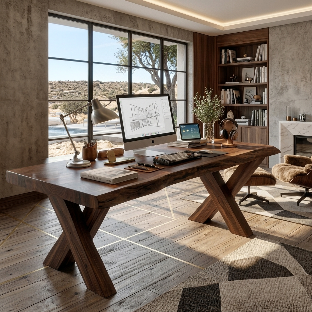 Rustic Live Edge Desk With X Legs For Home Office SITHTTDE035