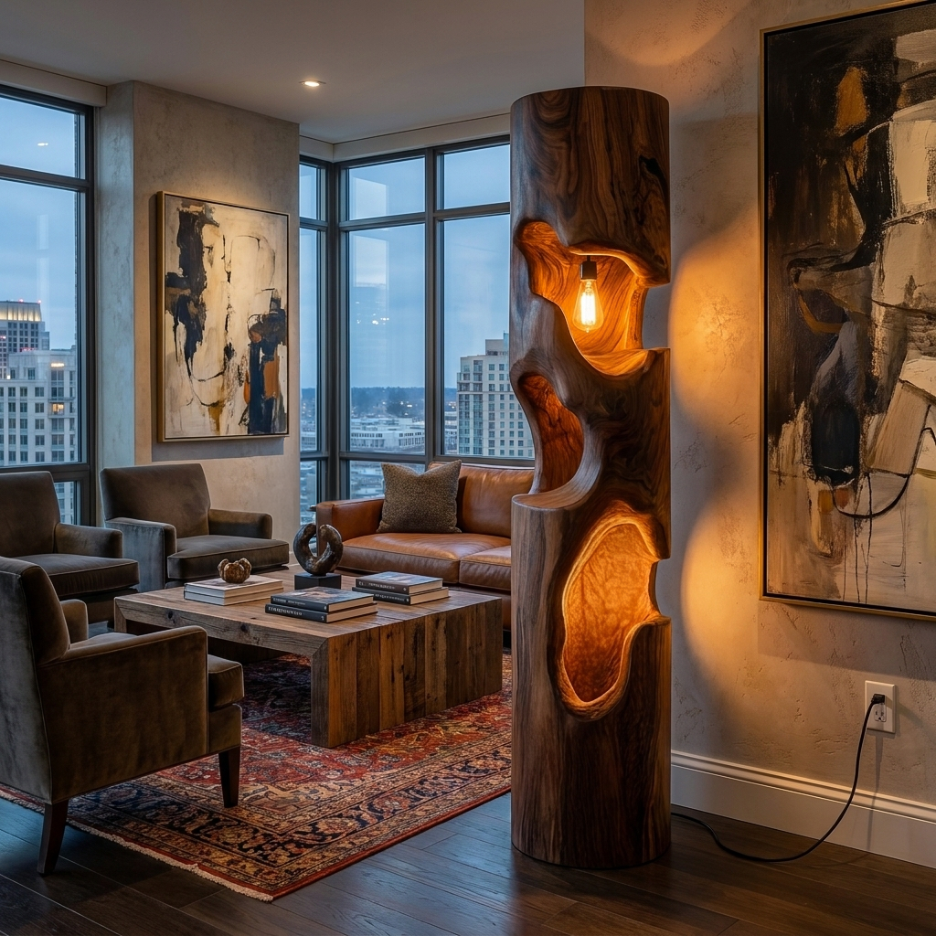 Rustic Wooden Floor Lamp With Sculptural Hollow For Cozy Bedroom RTTHTTLAM052