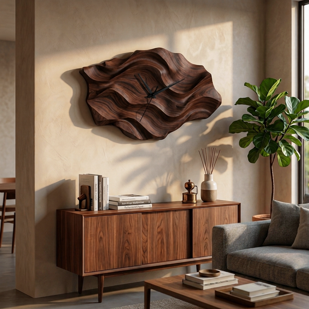 Artistic Wooden Wall Clock Wavy Design For Living Interior RTTHTTWAC012