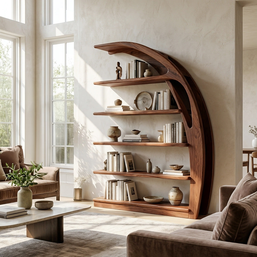 Minimal Curved Wooden Bookshelf For Living Room Display RTTHHNBS178