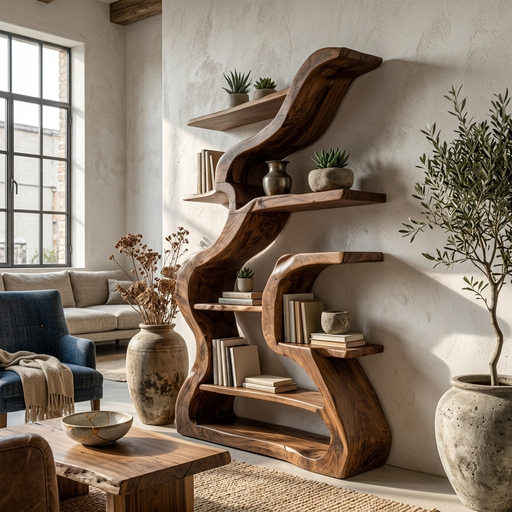 Organic Sculptural Bookshelf With Curved Design For Living Room SITHTTBS033