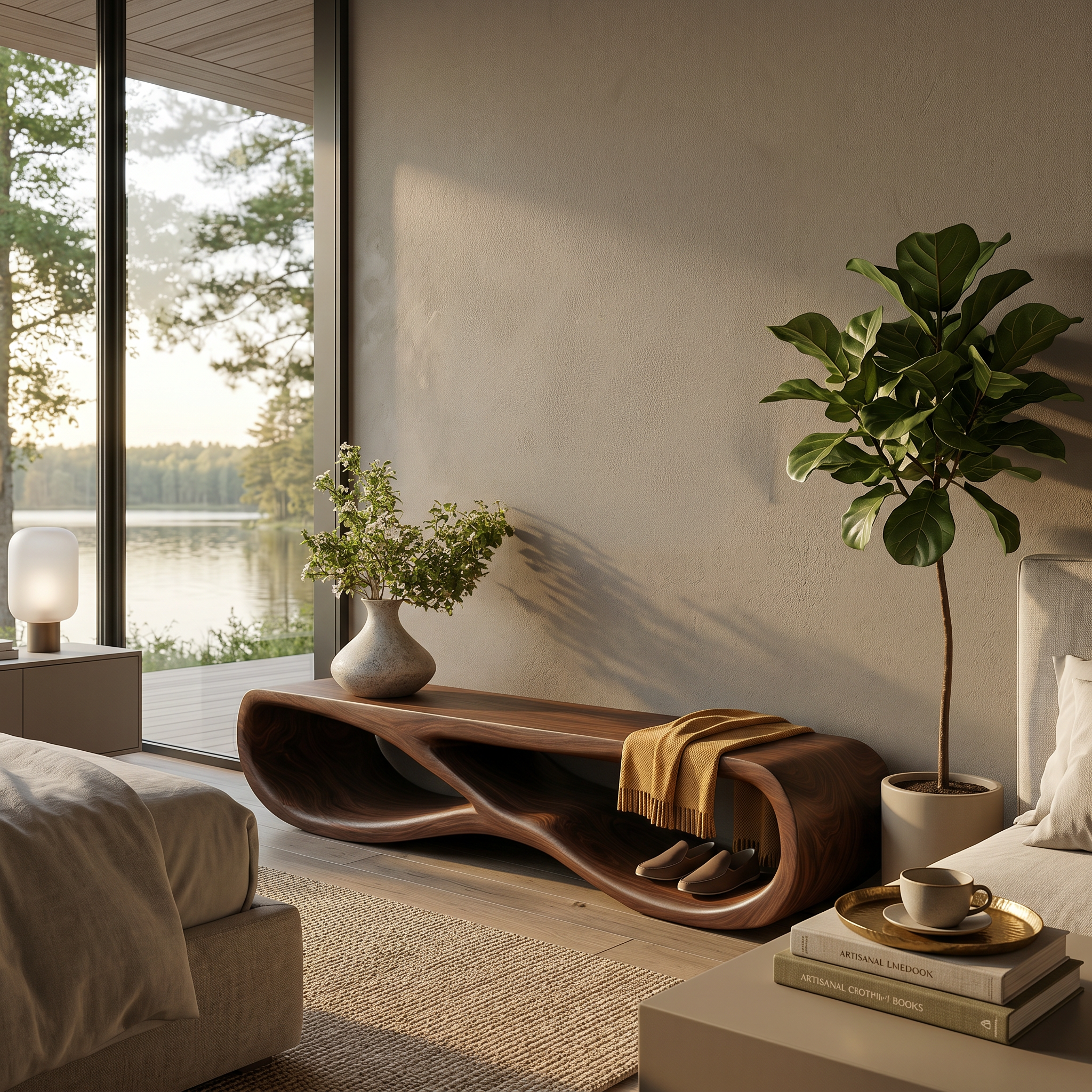 Organic Wooden Bench With Curved Base Form For Entryway Space RTTHTTCHR096