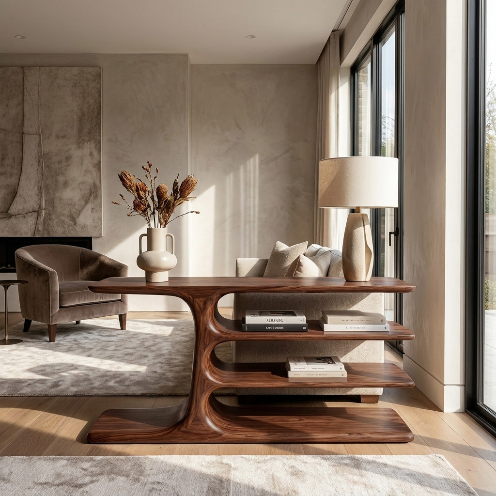 Organic Wooden Console Table With Layered Shelving For Hallway RTTHHNCS033
