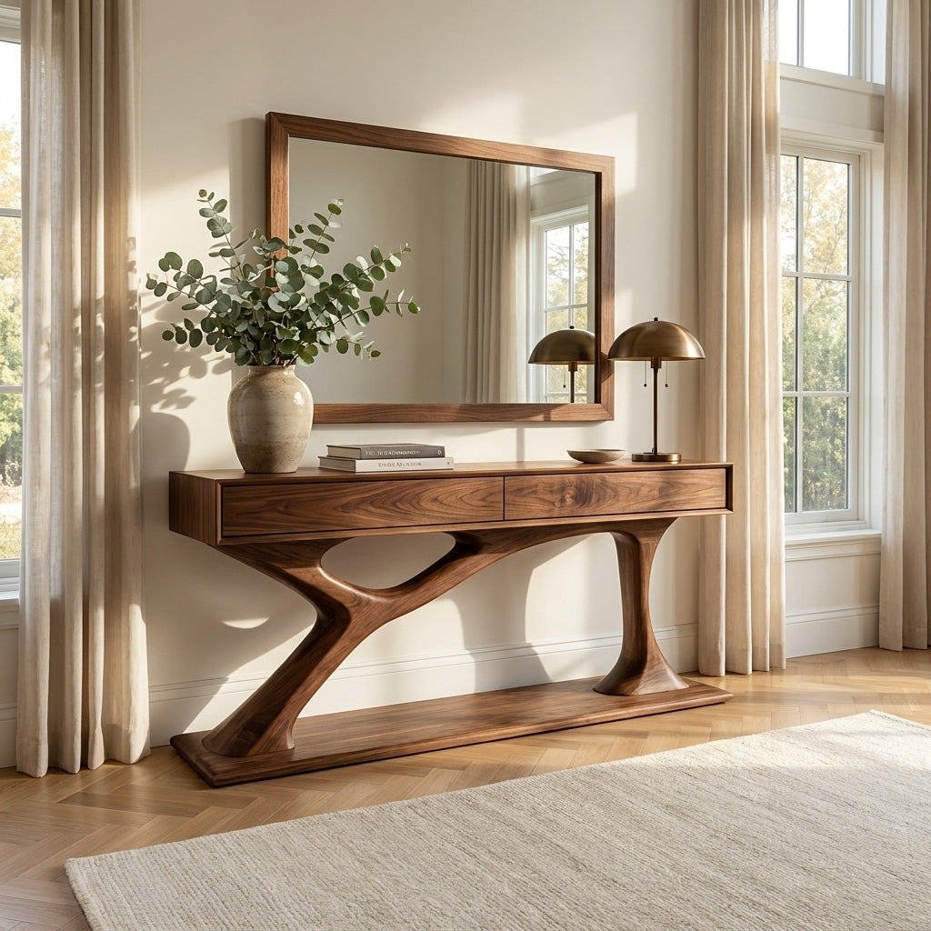 Contemporary Wooden Console Table With Sculptural Base For Living Room RTTHHNCS042