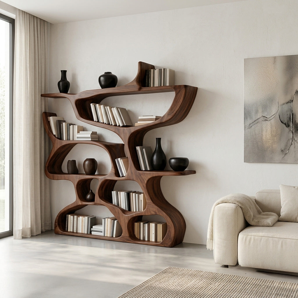 Modern Bookshelf With Organic Carved Design For Living Room Or Office SITHHNBS036