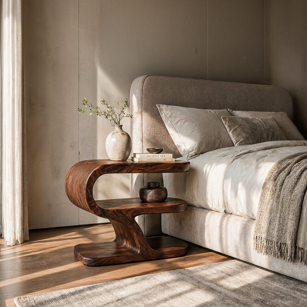 Wooden Nightstand With Sculptural Tier For Cozy Bedroom RTTHTTNS045