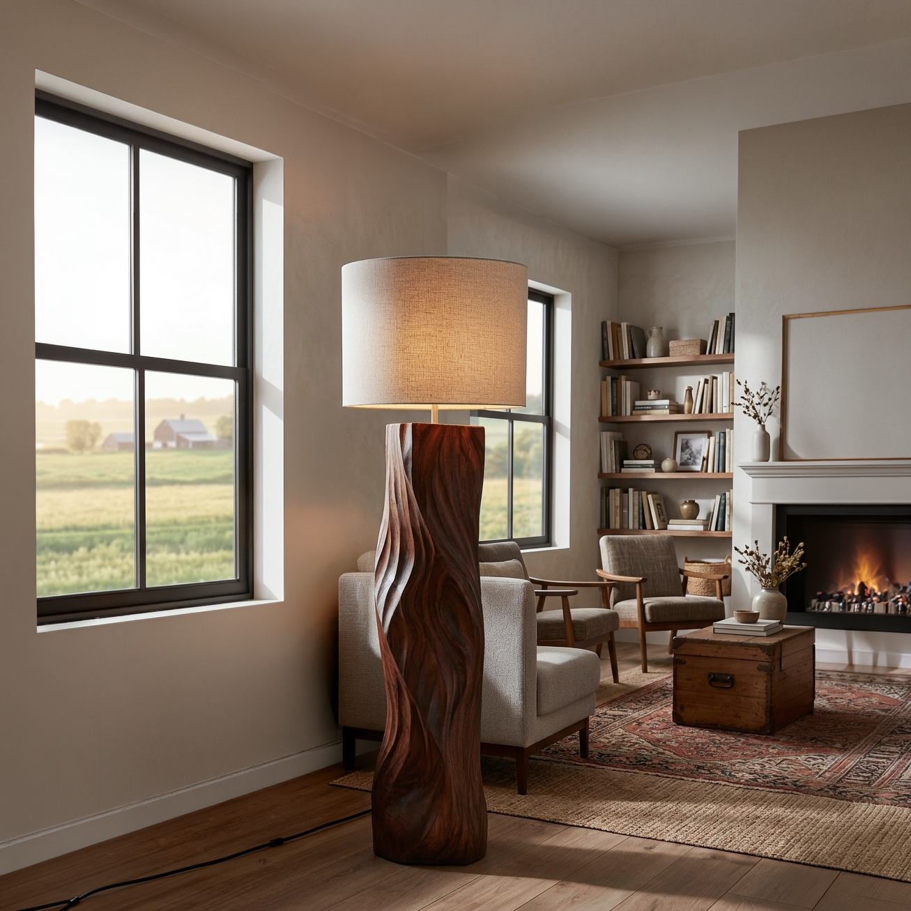 Contemporary Wood Floor Lamp Sculptural Design For Home Lobby RTTHTTLAM046