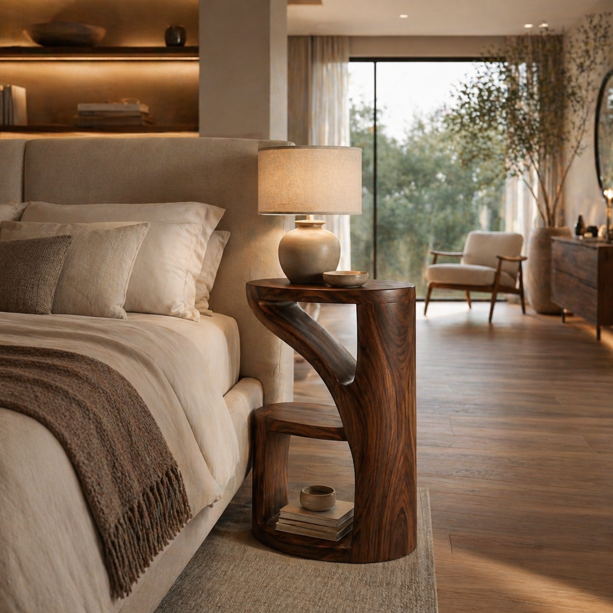 Elegant Wooden Nightstand With Sculptural Two Level For Bedroom RTTHTTNS036