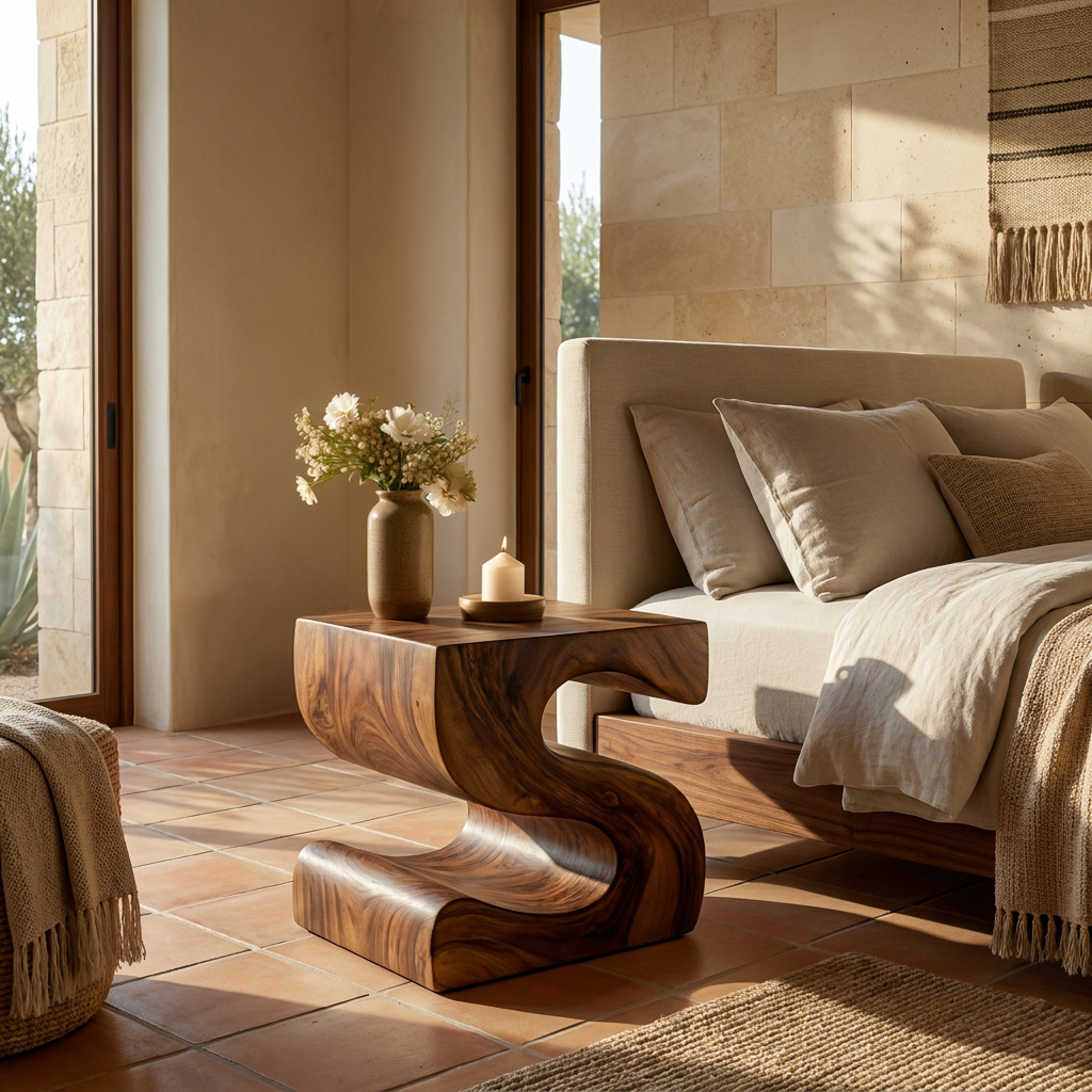 Modern Sculptural Wood Nightstand With S Shaped For Bedroom RTTHTTNS019