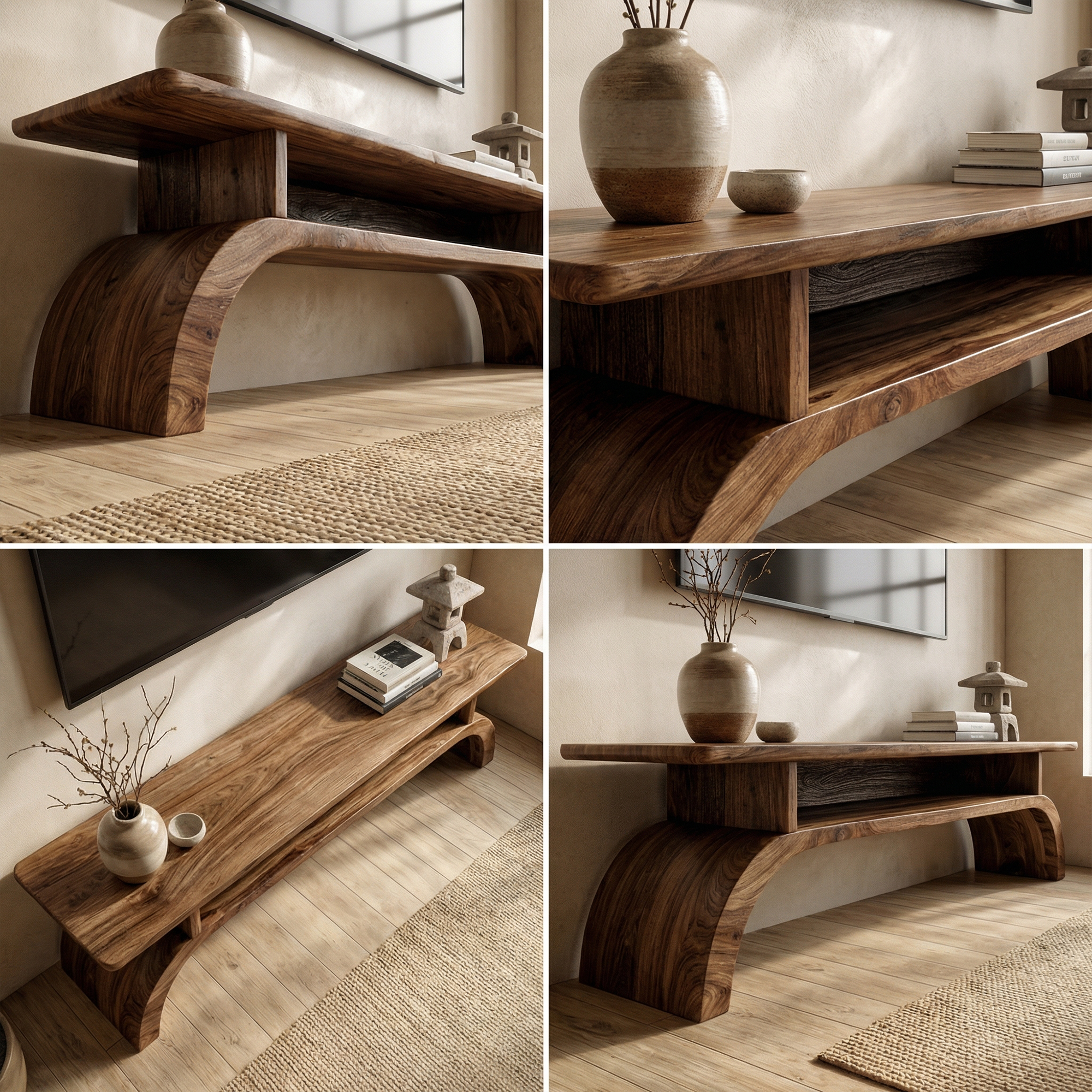 Rustic Solid Wood TV Stand Low Profile Curved Base Living Room SINLKITS008