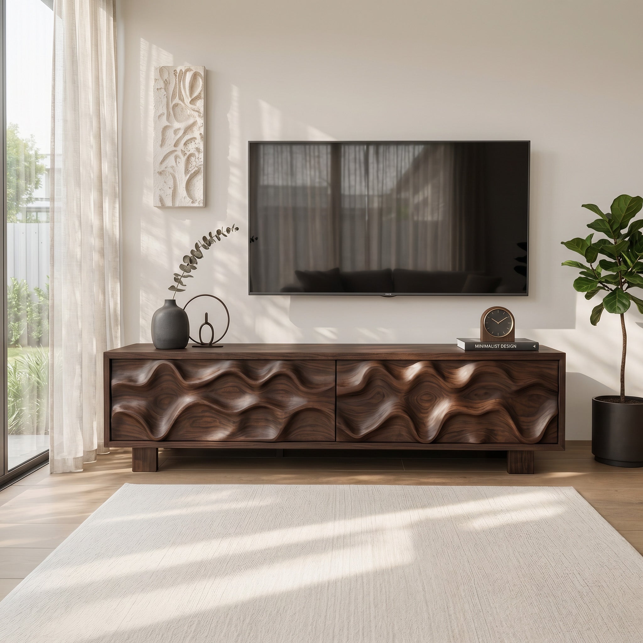 Hand Carved TV Stand With Wave Design For Living Room SITHHNTVC005