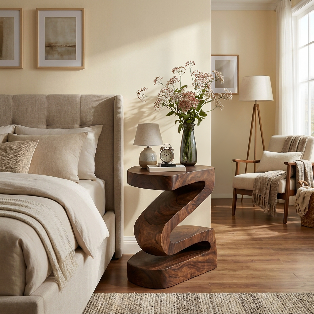 Elegant Natural Wood Nightstand With Curved Form For Bedroom RTTHTTNS023