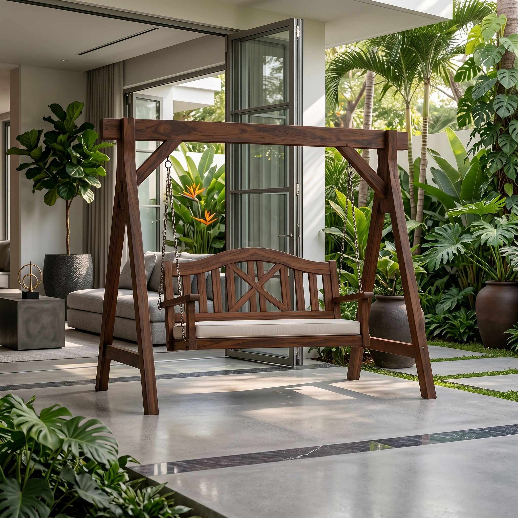 Mediterranean Wooden Swing Bench Villa Patio SILDTTRSWI014