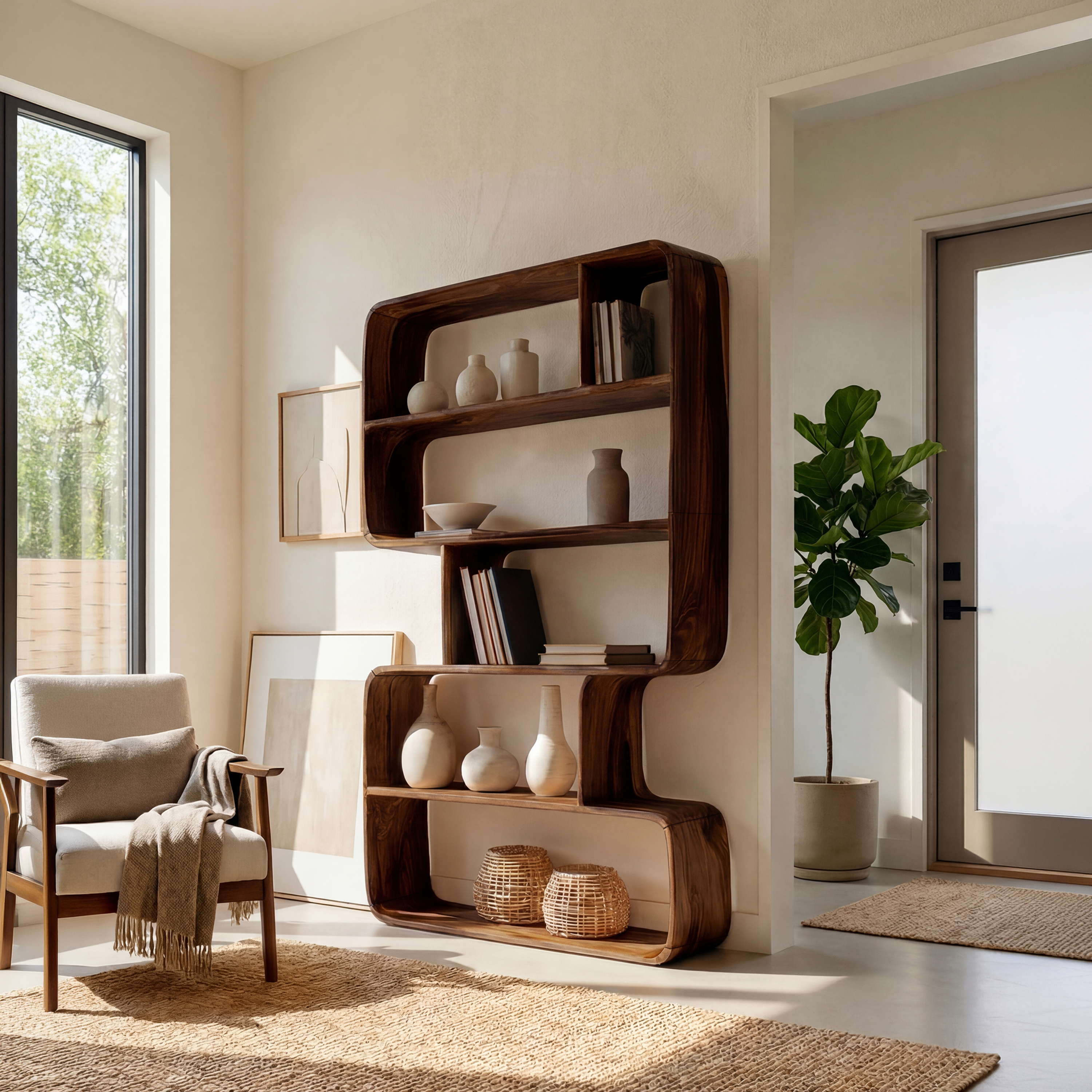 Japandi Sculptural Bookshelf Bathroom Storage Display SILDTTRBS016
