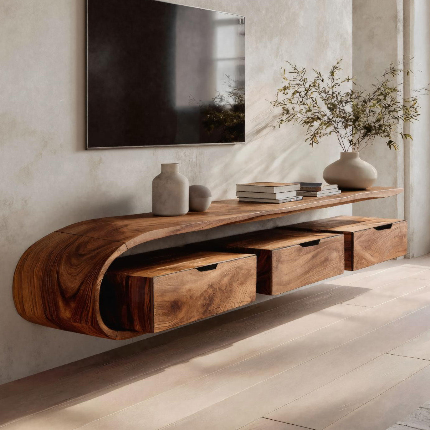 Minimal Curved Floating TV Console With Drawers For Living RTTHHNTVC057