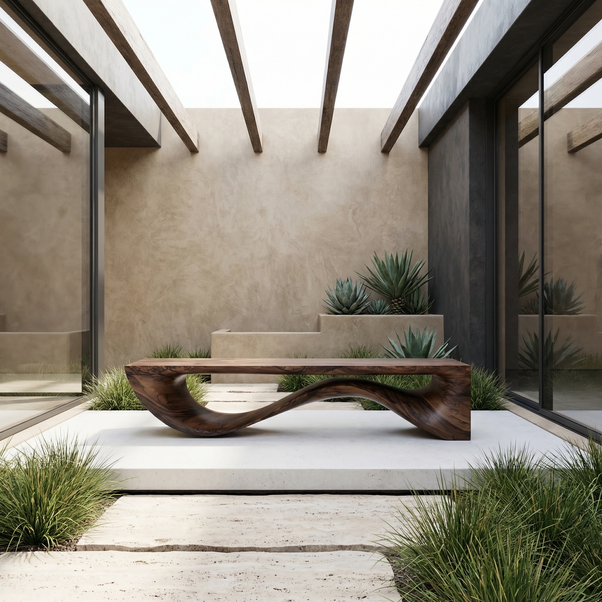 Sculptural Wave Bench Solid Wood Extended Curved Form Entryway SINLHARS095