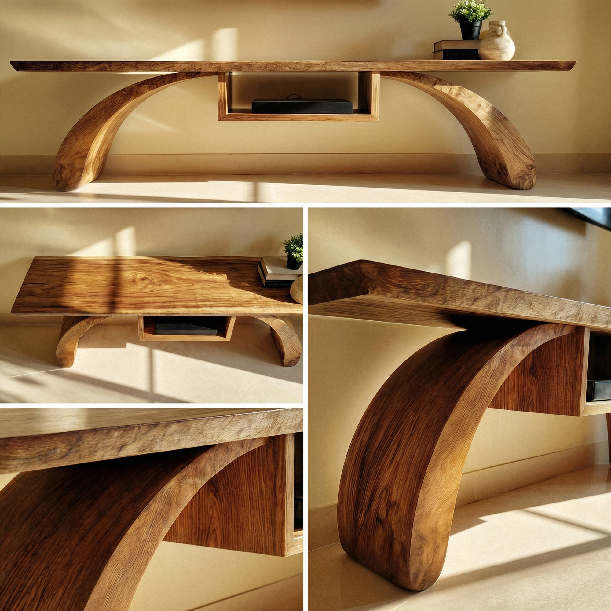 Rustic Wood TV Stand Curved Base Floating Top Living Room SINLKITS006