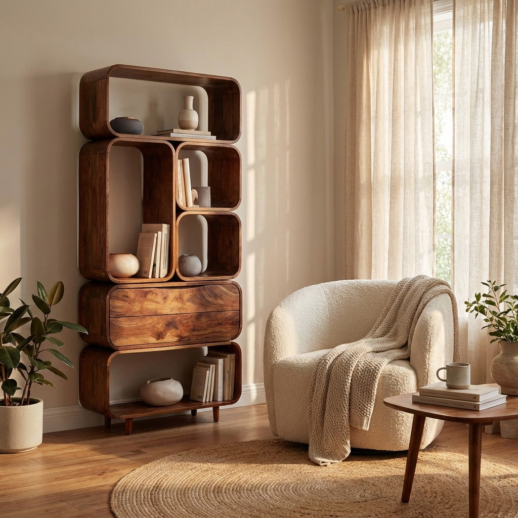 Mid Century Solid Wood Bookshelf With Drawer Storage RTTHHNBS132