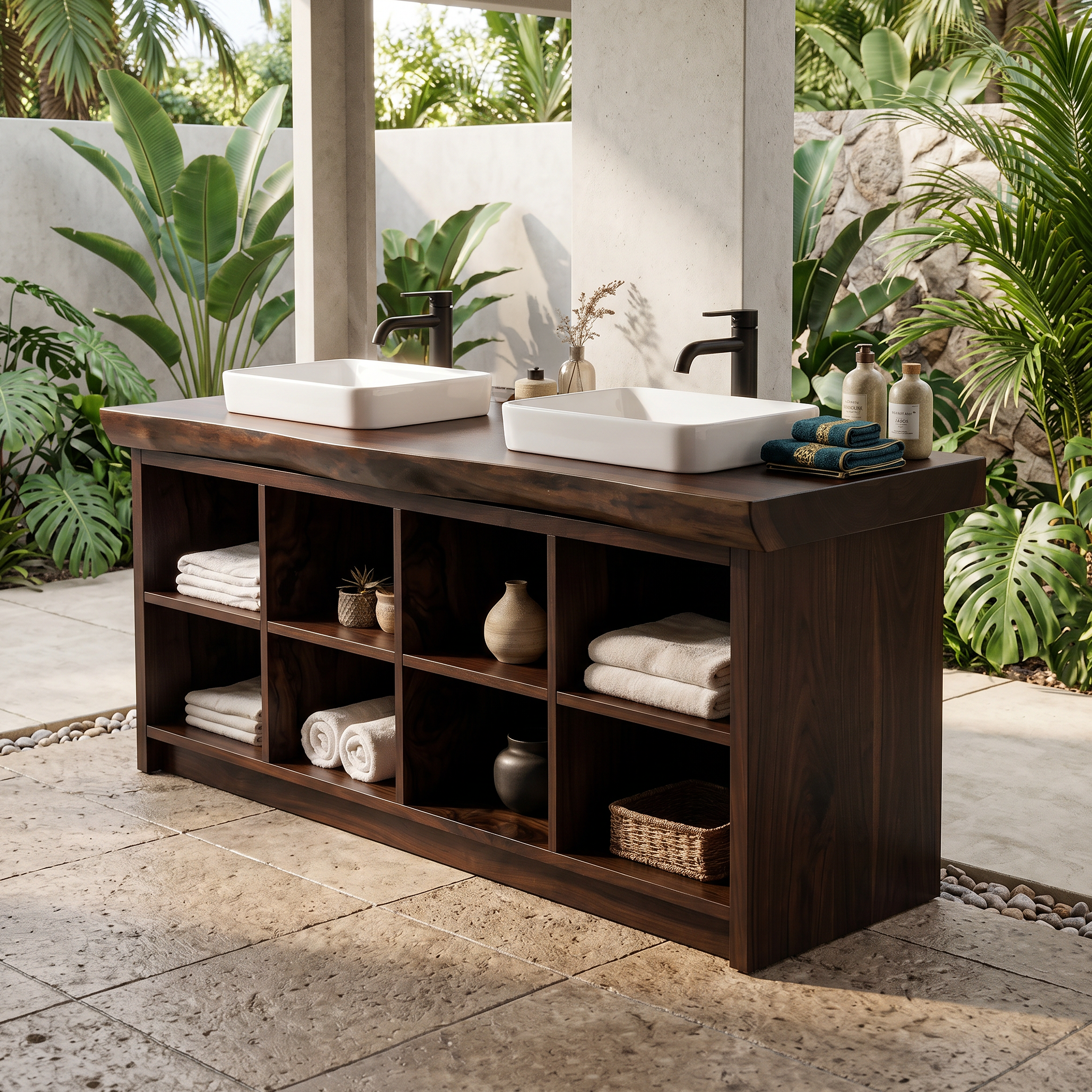 Double Sink Wood Bathroom Vanity With Open Shelves Spa SILDTTRBRV146