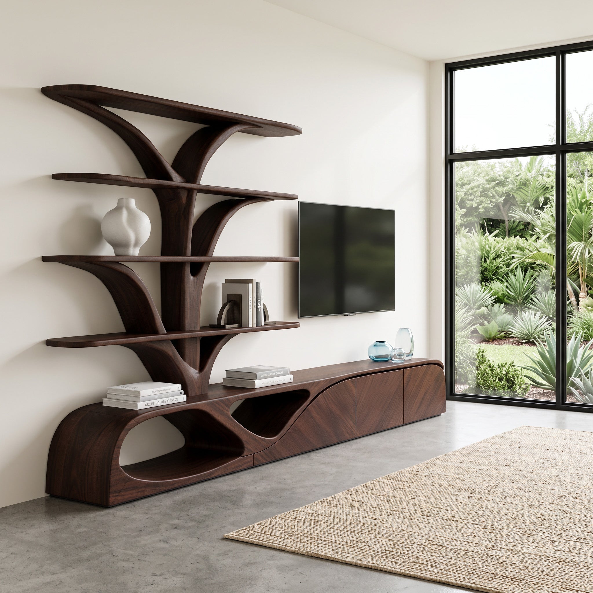 Organic TV Shelf With Tree Shape Bookshelf For Living Room SITHHNTVC043
