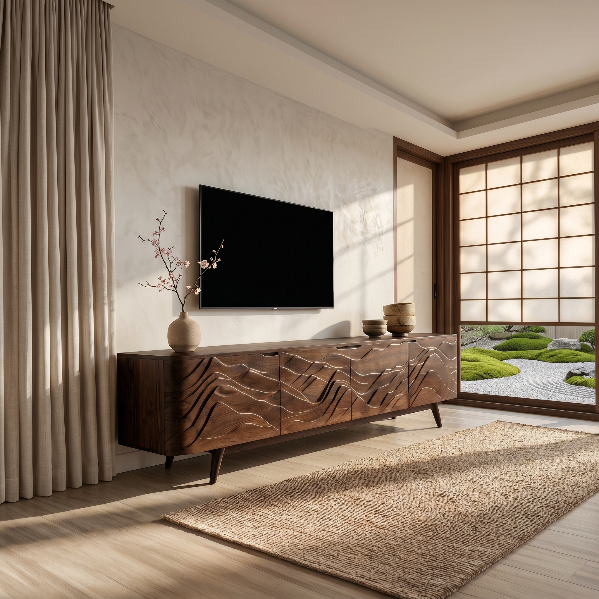 Handcrafted Wave Wood TV Stand For Media Room SILDTTRTVC074