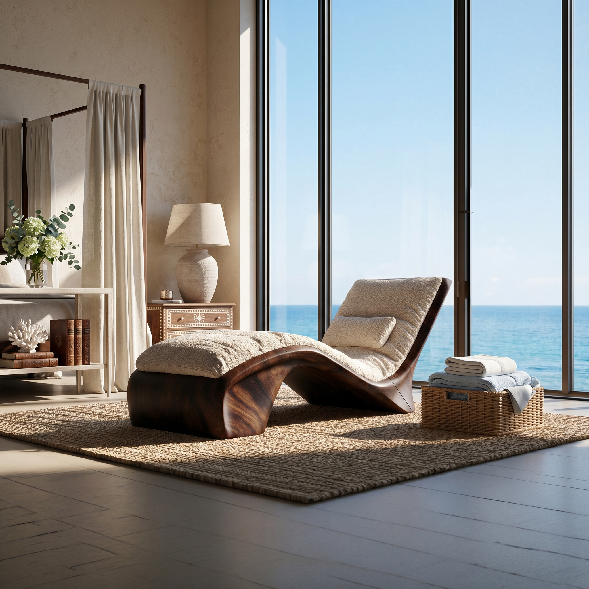 Sculptural Wood Chaise Lounge Coastal Modern Oceanfront Residence SILDTTRDB003