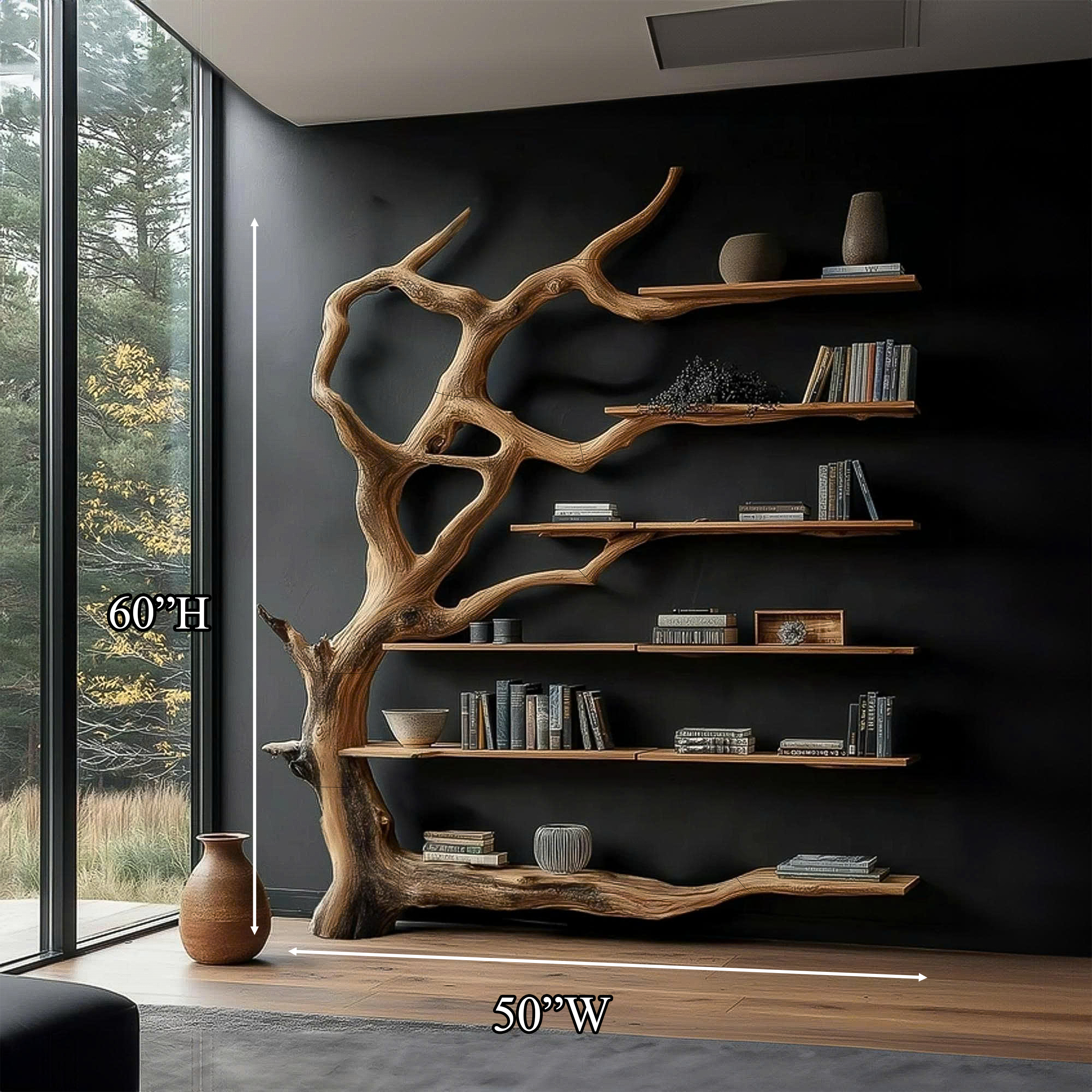 Wall Mounted Rustic Tree Bookcase Floating Shelf For Living Room Decor & Gift SINLSATB177