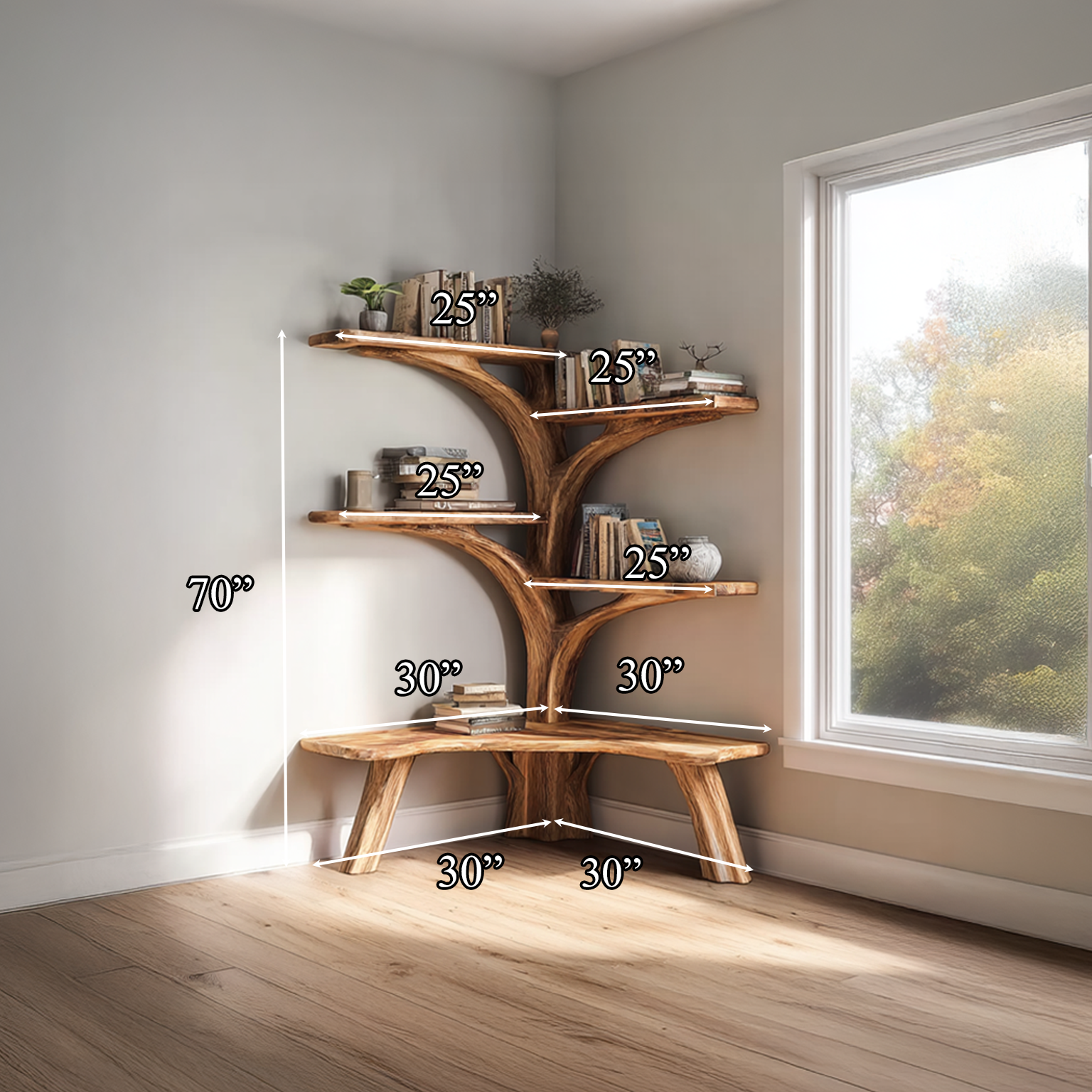 Rustic Tree Corner Bookshelf Bench Living Room SINLSATB229