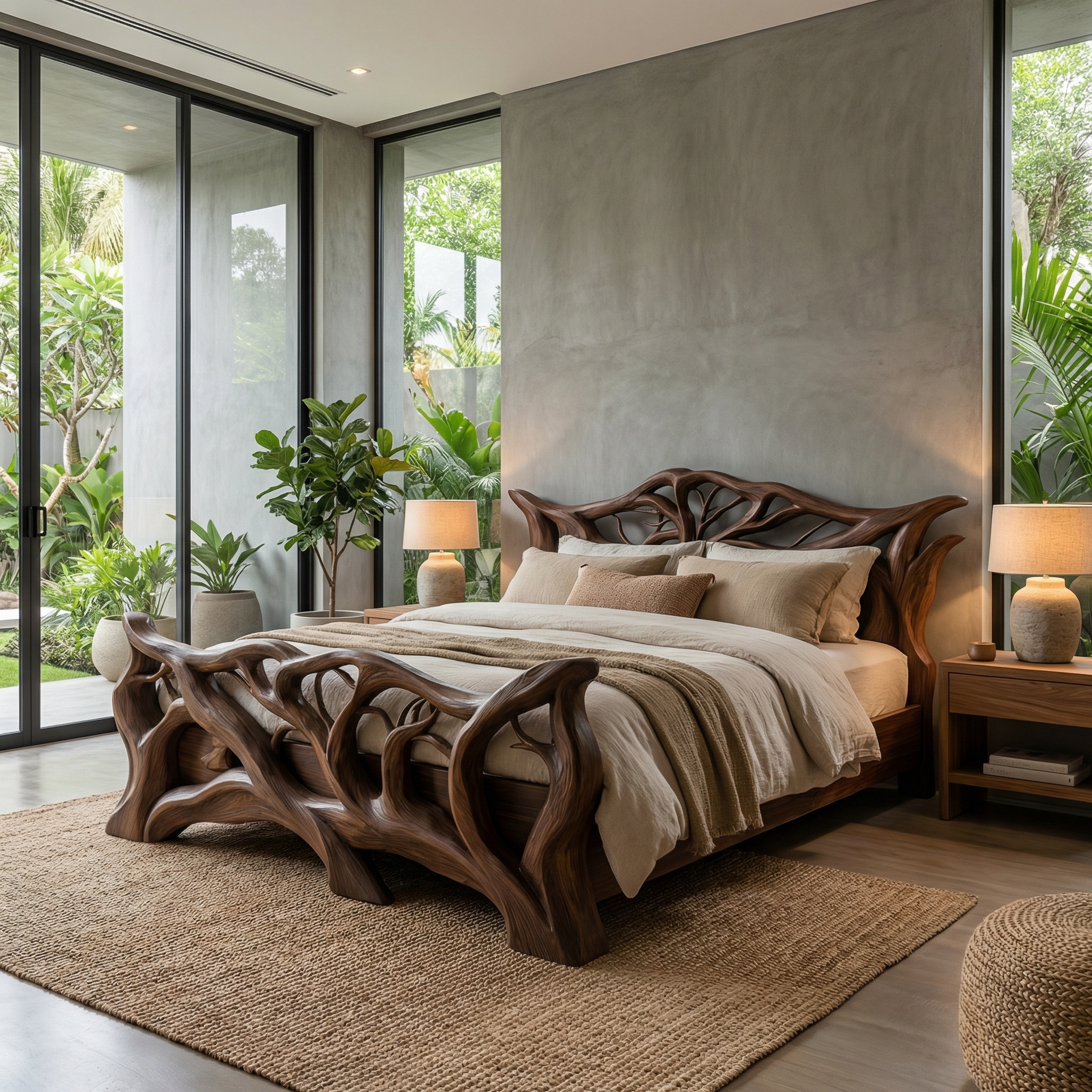 Minimal Organic Bed Frame Solid Wood Smooth Flowing Design Bedroom SINLHAWB114