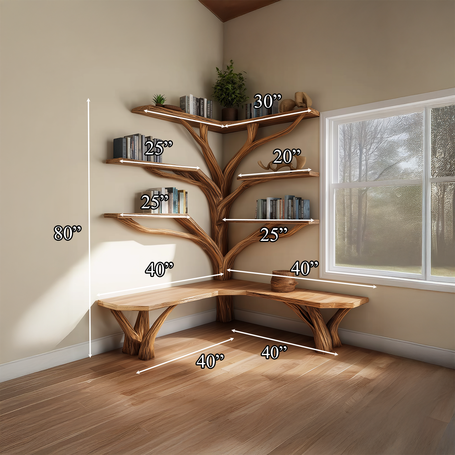 Rustic Corner Tree Shelf Reading Nook SINLSATB228