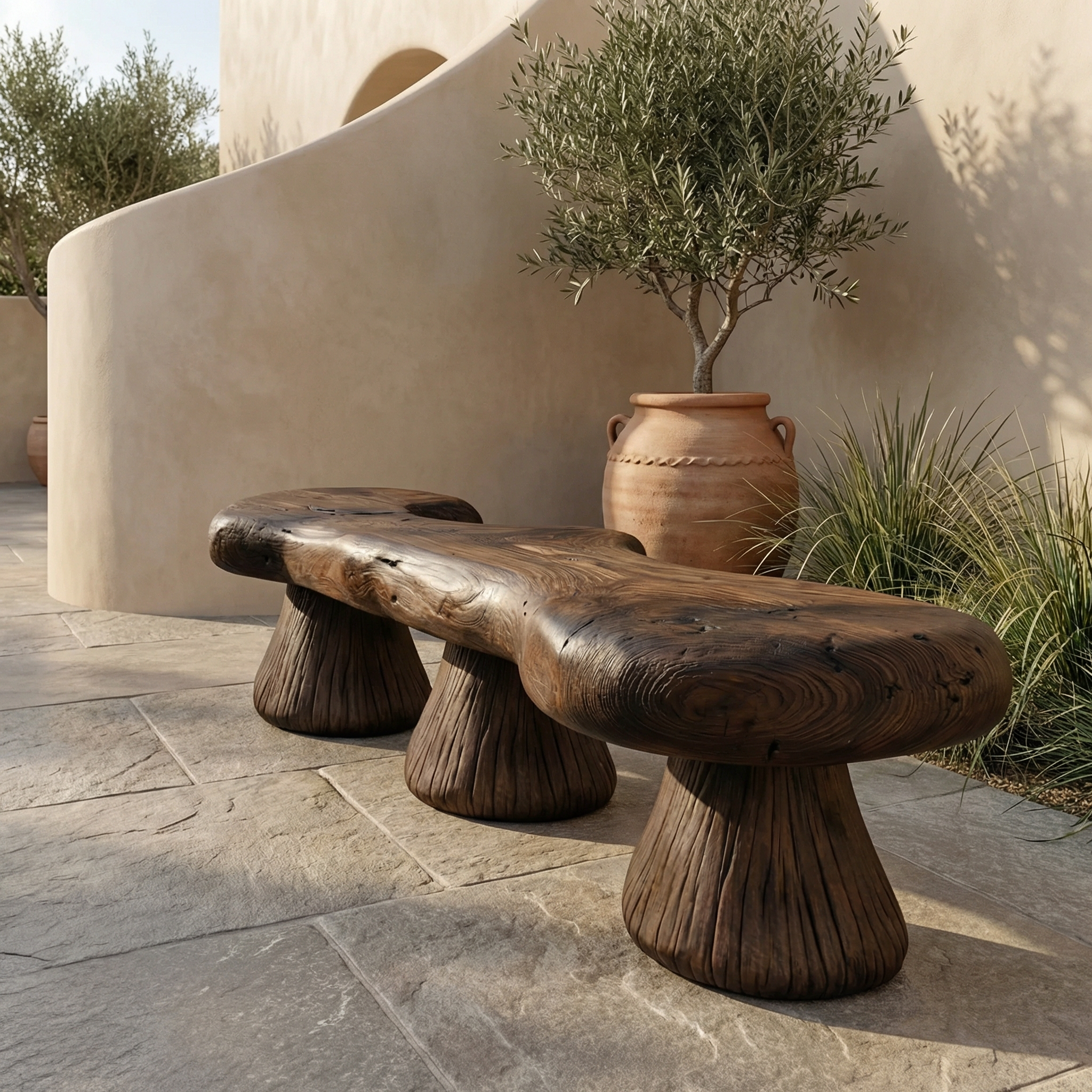 Natural Mushroom Bench Solid Wood Rustic Sculptural Design Entryway Or Garden Space SINLHARS091
