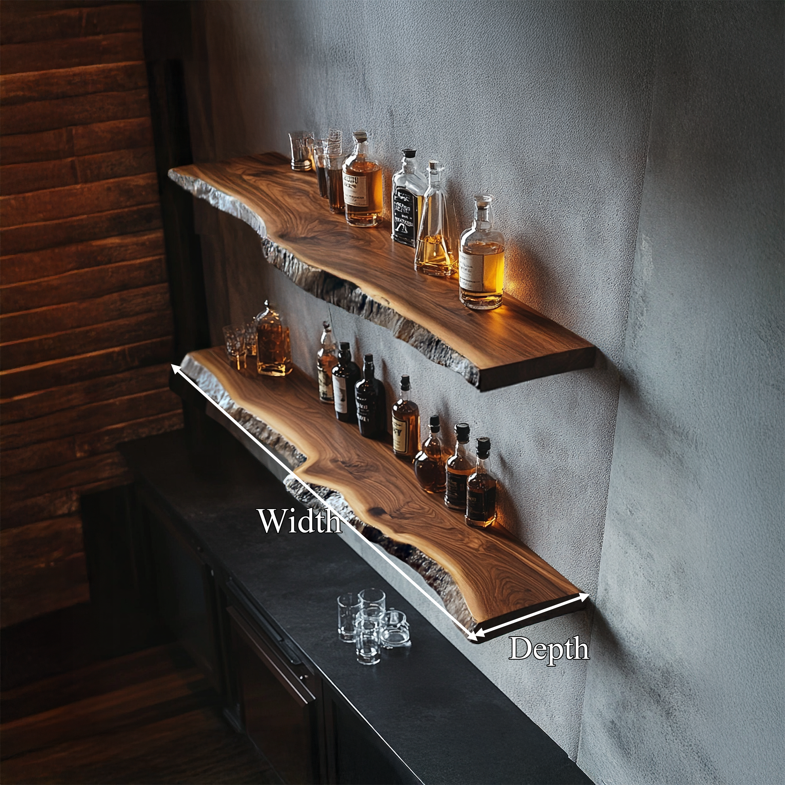 Handcrafted Live Edge Bar Shelf Solid Wood Dining Room Interior Storage SINLSAFL423