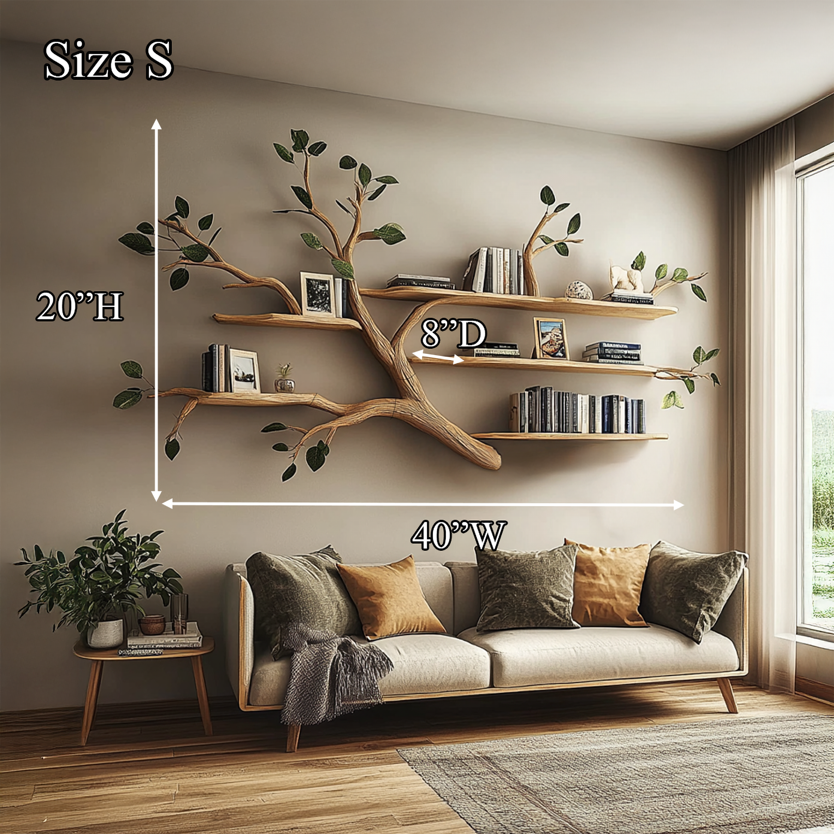 Rustic Solid Wood Tree Branch Floating Bookshelf Living Room SINLSATBS037