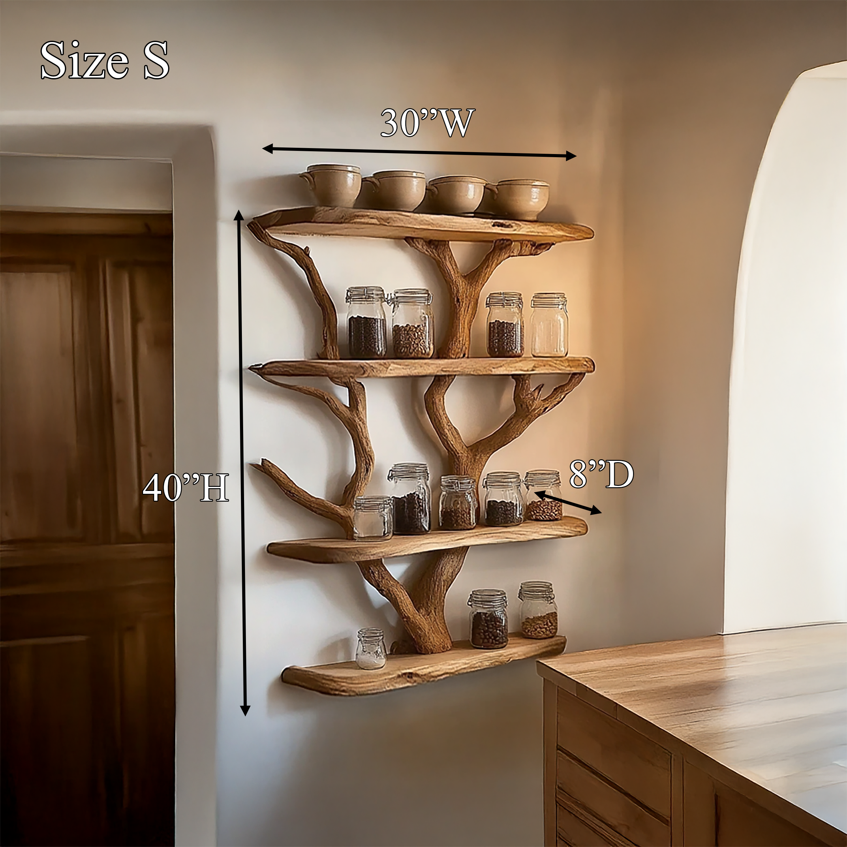 Rustic Organic Tree Kitchen Wall Shelf Kitchen Interior Pantry Display SINLSATBS118