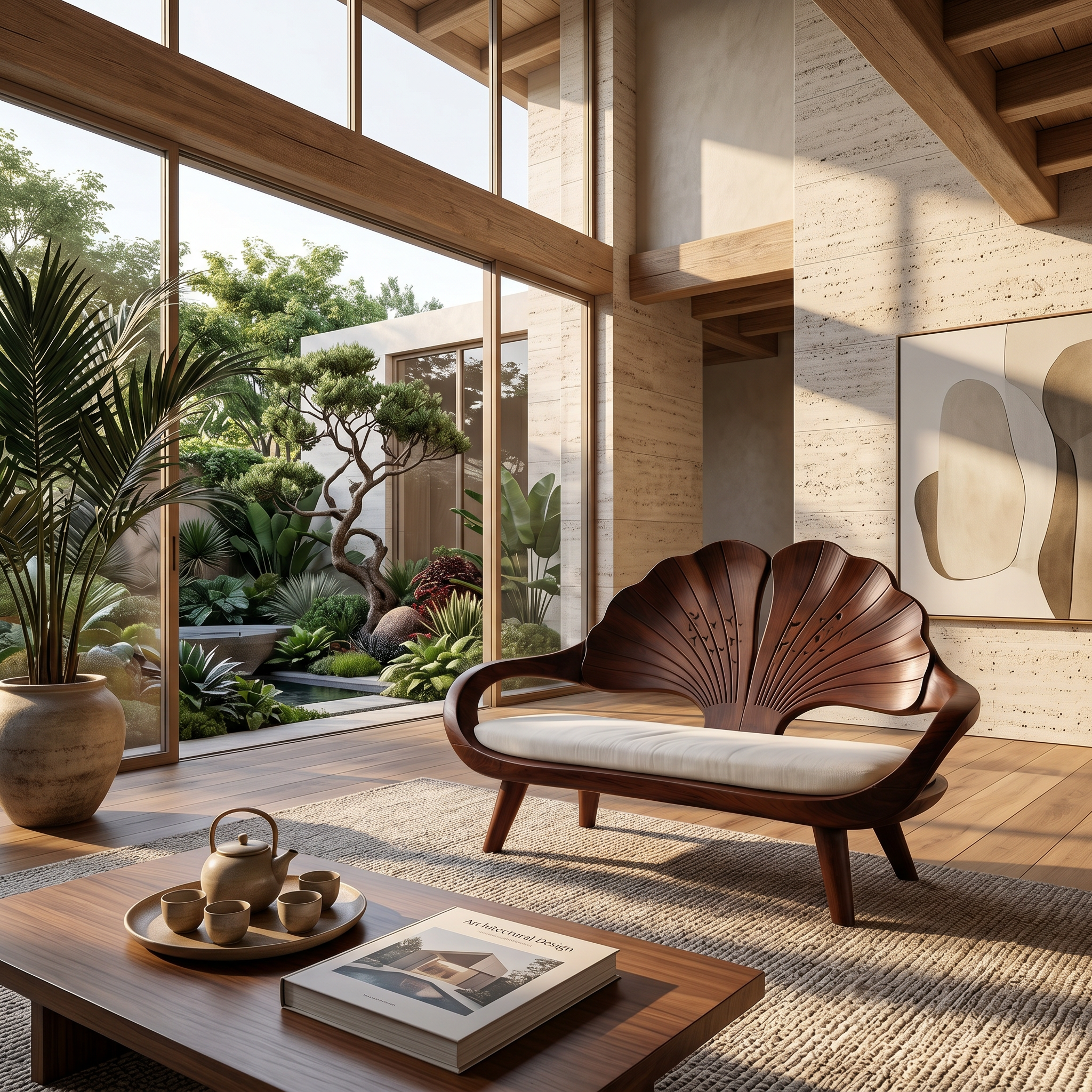 Minimalist Ginkgo Leaf Back Bench For Reading Interior Area SILDTTNBEN009
