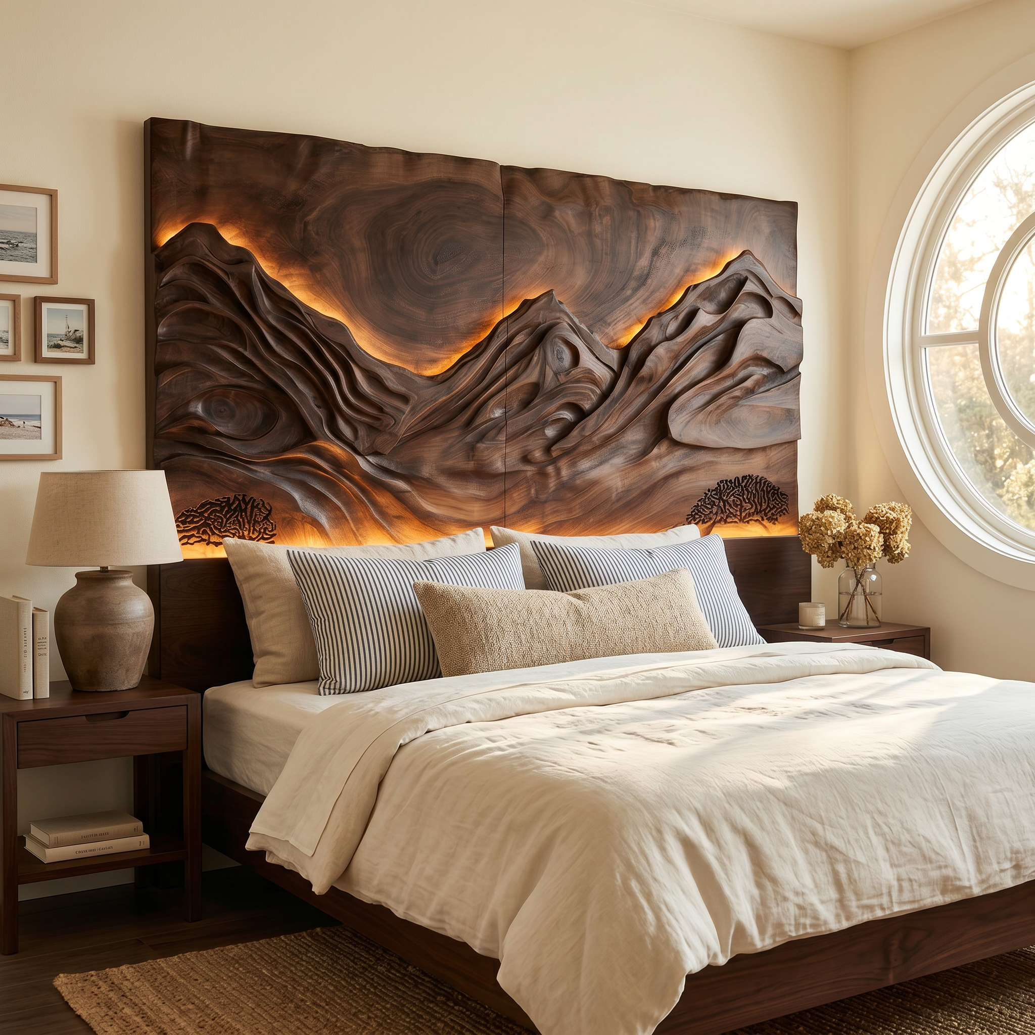 Modern Mountain Relief Wood Headboard For Marble Accent Bedroom SILDTTRHB015