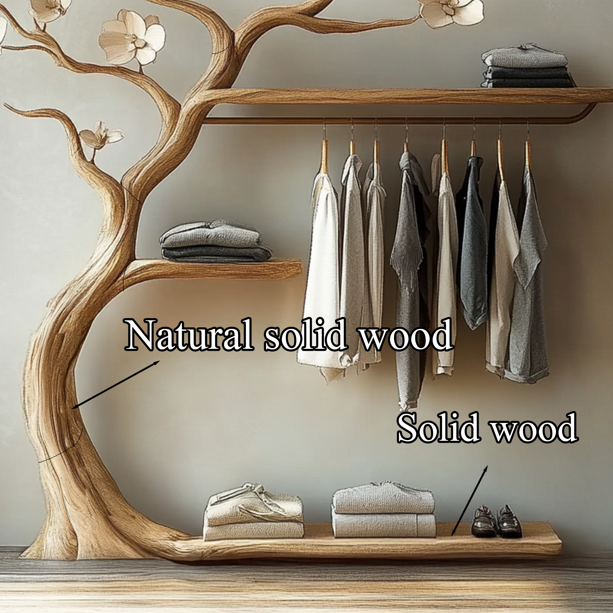 Rustic Tree Branch Rack Wall Mounted Floating Shelf Tree Hanger Clothes SINLTB136