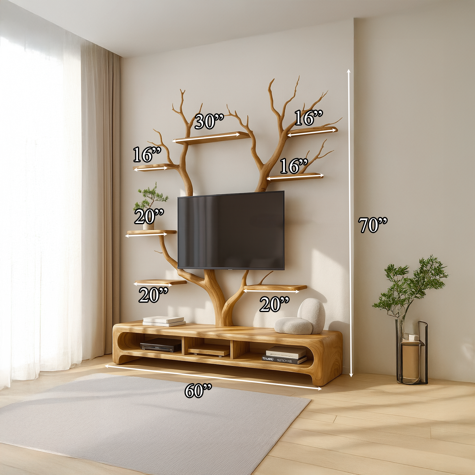 Rustic TV Stand Tree Shelf Living SINLSATB216