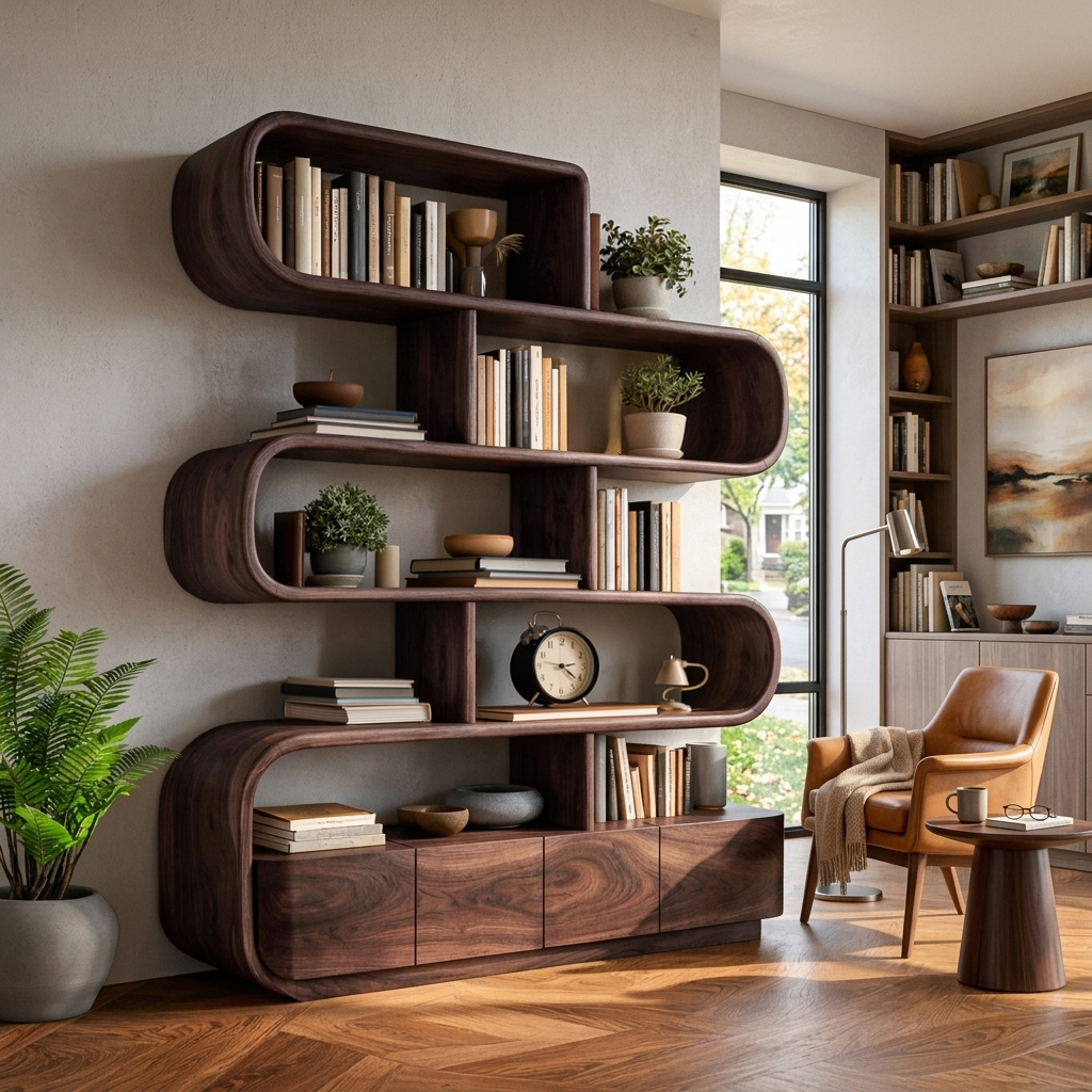 Organic Wooden Bookshelf With Flowing Form For Home Interior RTTHTTBS116